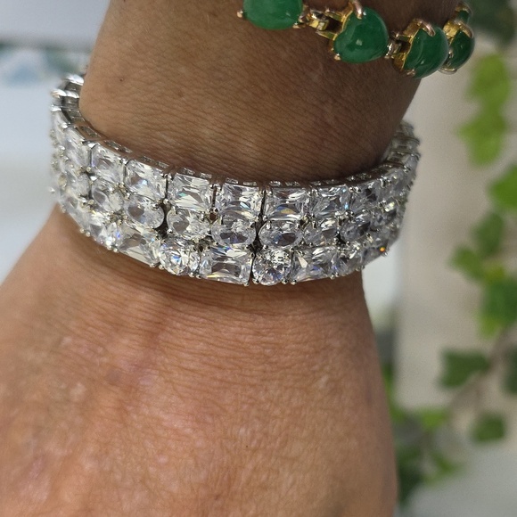 Quality Triple Row Cubic Zirconia Crystal Statement Bangle Bracelet - Picture 12 of 13